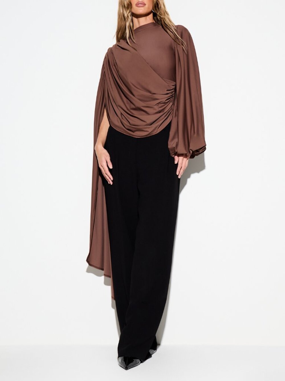 Brown Elegant Women's Draped High Neck Slim Fit Long Asymmetrical Blouse - Picture 3 of 5